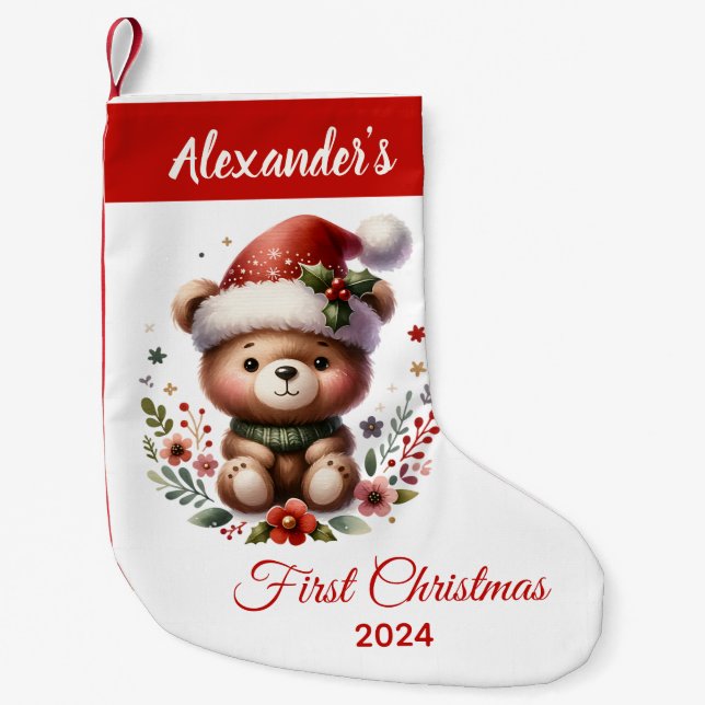 Baby first Christmas cute Bear personalized Small Christmas Stocking (Front)