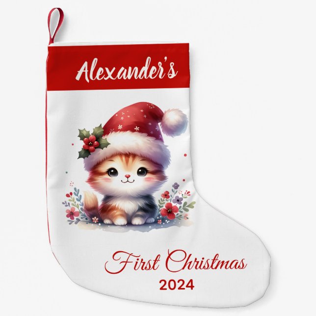 Baby first Christmas cute Cat personalized Small Christmas Stocking (Front)