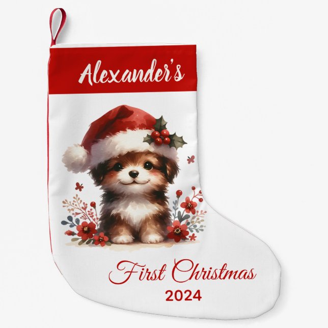 Baby first Christmas cute Dog personalized Small Christmas Stocking (Front)