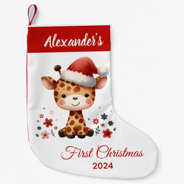 Baby first Christmas cute Giraffe personalized Small Christmas Stocking (Front)