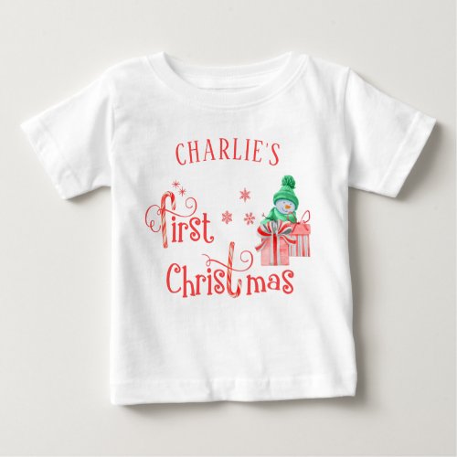 Baby First Christmas _ Cute Snowman and Snowflakes Baby T_Shirt