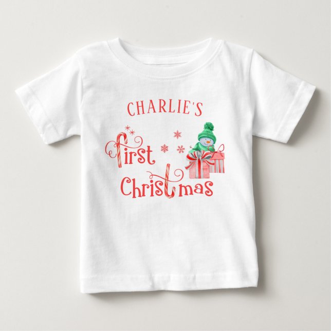 Baby First Christmas - Cute Snowman and Snowflakes Baby T-Shirt (Front)