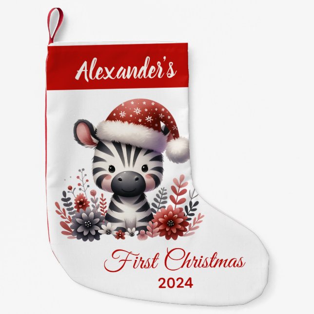 Baby first Christmas cute zebra personalized Small Christmas Stocking (Front)