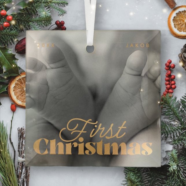 Baby First Christmas Elegant Modern Custom Photo Glass Ornament (Creator Uploaded)