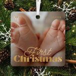 Baby First Christmas Elegant Modern Custom Photo Metal Ornament<br><div class="desc">Design is composed of modern chic typography with sans serif and serif font. Add a custom photo of baby and year.</div>