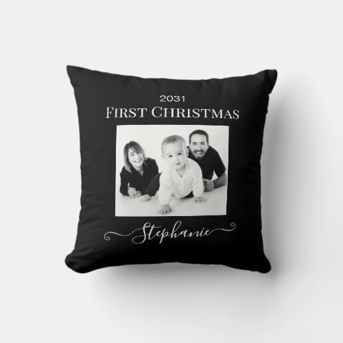 Baby First Christmas Elegant Modern Keepsake Photo Throw Pillow