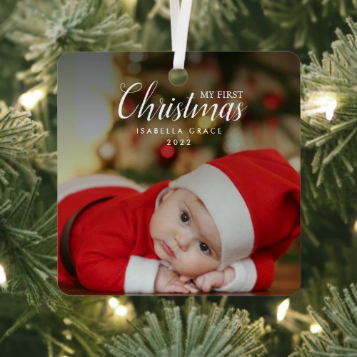 Baby First Christmas Elegant Modern Photo Keepsake Metal Ornament