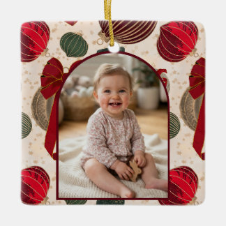 Baby First Christmas Elegant Vintage Red Bow Photo Ceramic Ornament