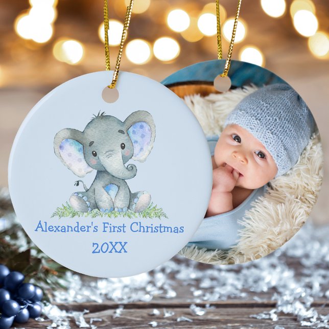 Baby First Christmas Elephant Blue PHOTO Ceramic Ornament (Customize with name, year and photo on back.)