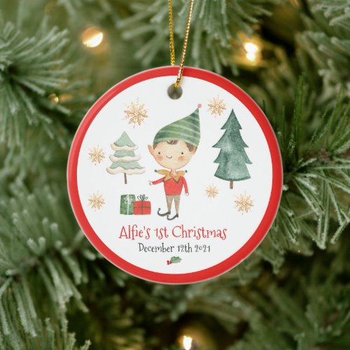 Baby First Christmas Elf Snowflake Traditional Red Ceramic Ornament