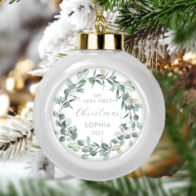 Baby First Christmas Eucalyptus Wreath Ceramic Ball Christmas Ornament (Creator Uploaded)