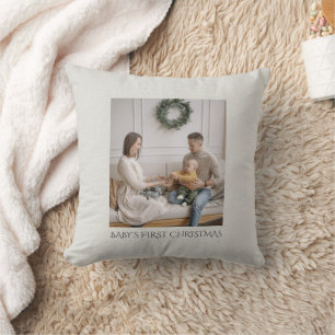 Baby First Christmas Family Photo Faux Linen Throw Pillow