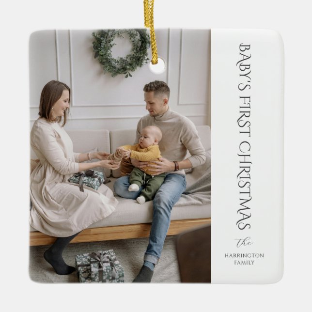 Baby First Christmas Family Photo Keepsake Ceramic Ornament (Front)