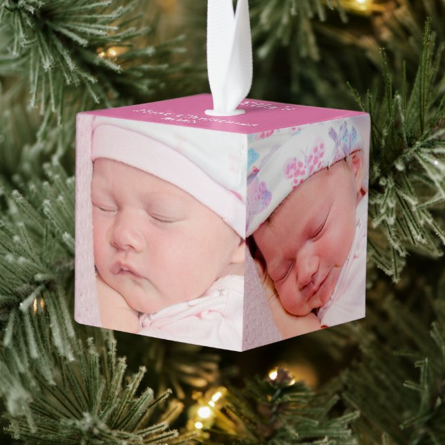 Baby First Christmas Five photos Keepsake Pink Cube Ornament (Tree)