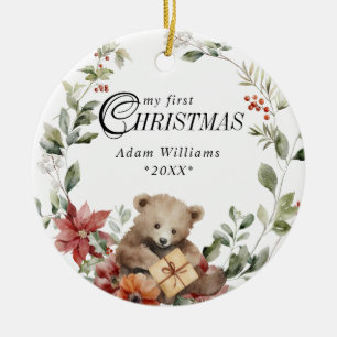 Baby First Christmas Floral Personalized Photo Ceramic Ornament
