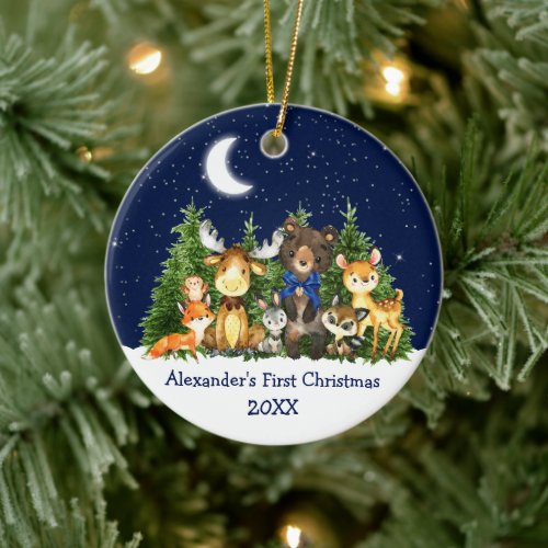 Baby First Christmas Forest Animals Blue Bow Ceramic Ornament