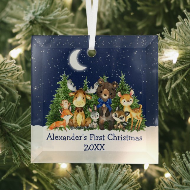 Baby First Christmas Forest Animals Blue Bow Glass Ornament (Insitu)