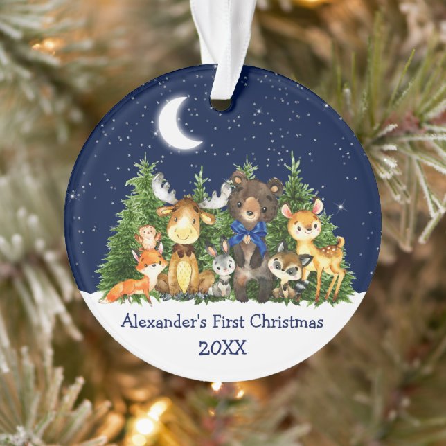 Baby First Christmas Forest Animals Blue Bow Ornament (Tree)