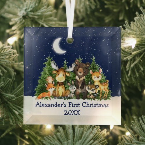 Baby First Christmas Forest Animals Blue Glass Ornament