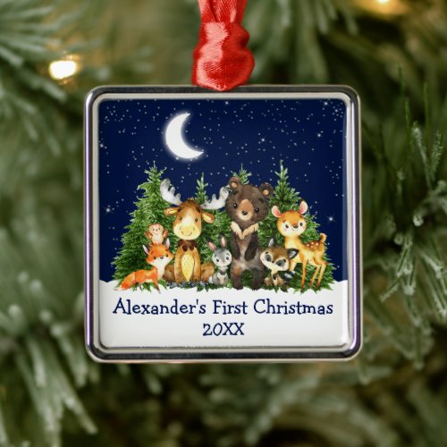 Baby First Christmas Forest Animals Blue Metal Ornament