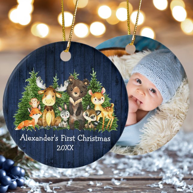 Baby First Christmas Forest Animals Blue PHOTO Ceramic Ornament (Customize with name, year and photo on back.)