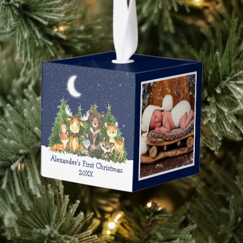 Baby First Christmas Forest Animals Blue Photo Cube Ornament