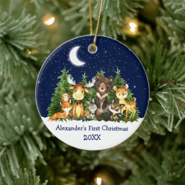 Baby First Christmas Forest Animals Blue Round Ceramic Ornament