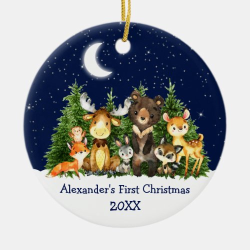 Baby First Christmas Forest Animals Blue Round Ceramic Ornament