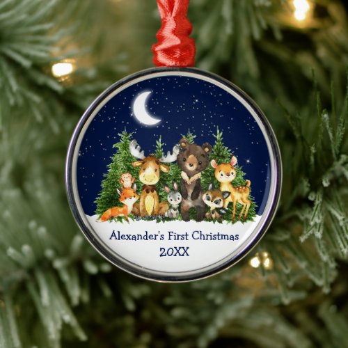 Baby First Christmas Forest Animals Blue Round Metal Ornament
