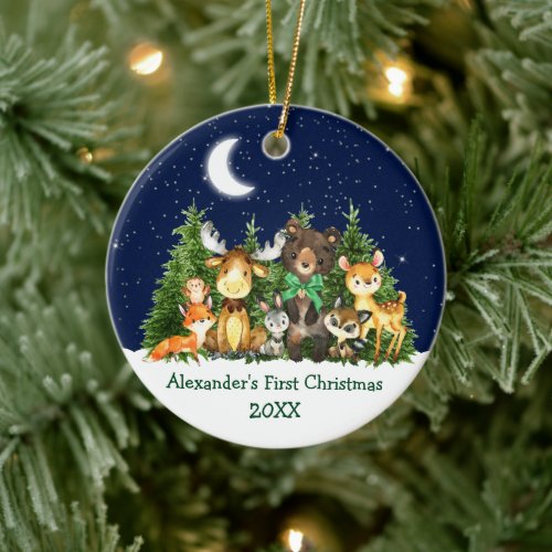 Baby First Christmas Forest Animals Green Bow Ceramic Ornament