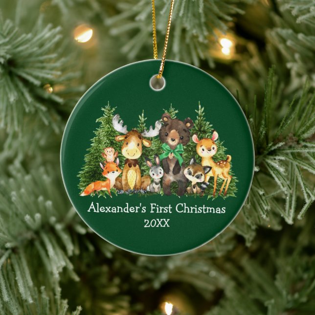 Baby First Christmas Forest Animals Green Bow Ceramic Ornament (Tree)