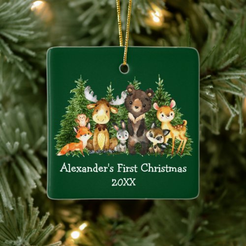 Baby First Christmas Forest Animals Green Ceramic Ornament