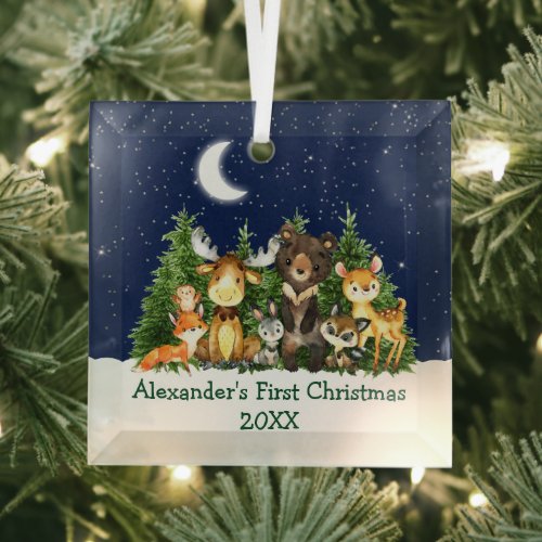 Baby First Christmas Forest Animals Green Glass Ornament