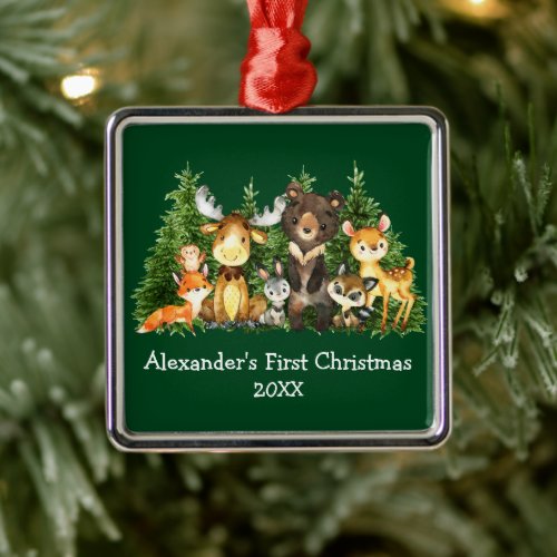 Baby First Christmas Forest Animals Green Metal Ornament