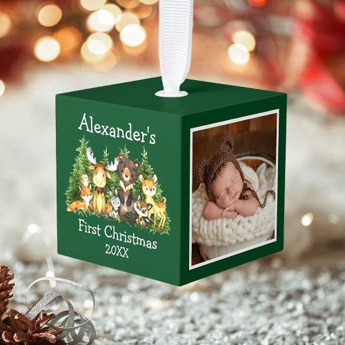 Baby First Christmas Forest Animals Green Photo Cube Ornament