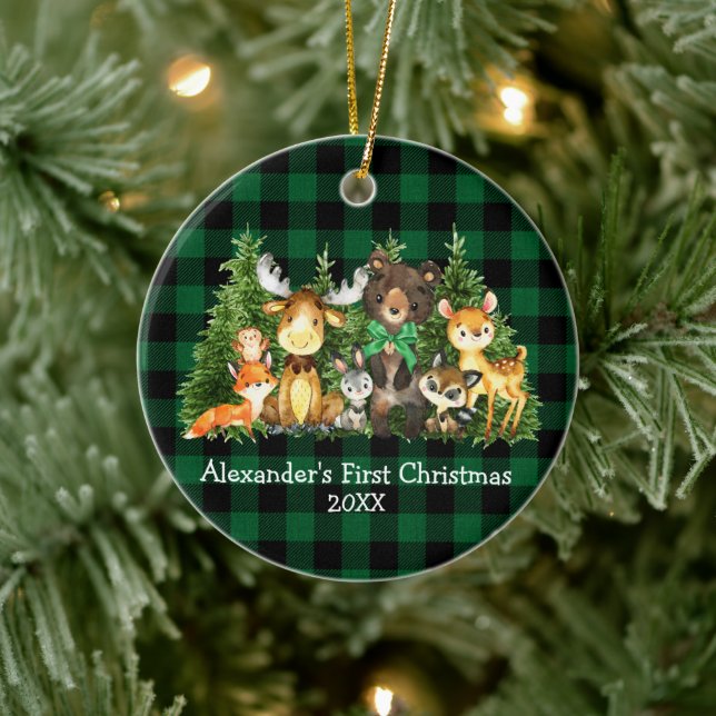Baby First Christmas Forest Animals Green Plaid Ceramic Ornament (Tree)