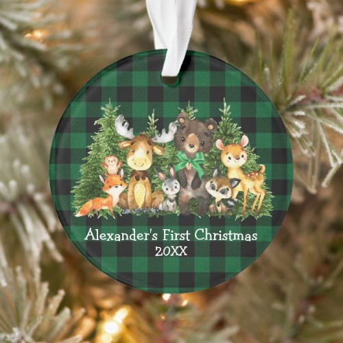 Baby First Christmas Forest Animals Green Plaid Ornament