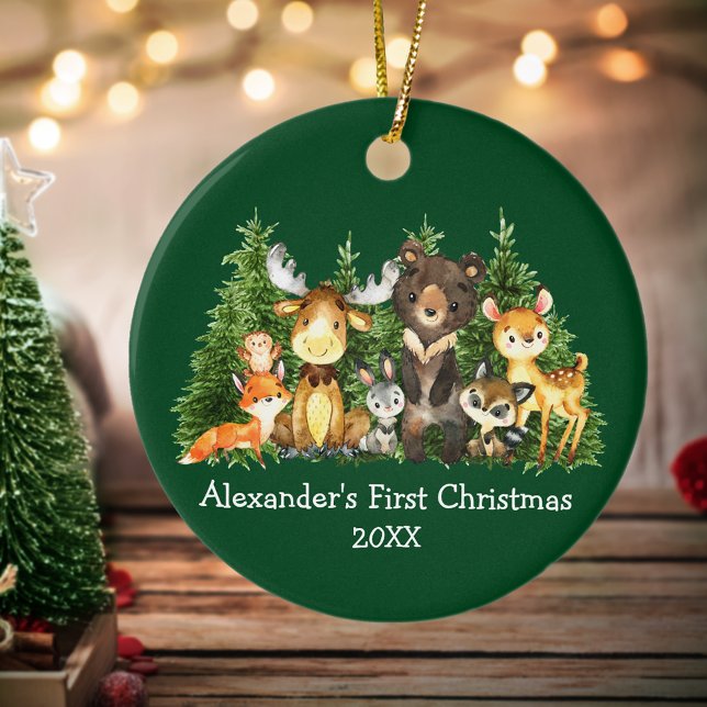 Baby First Christmas Forest Animals Green Round Ceramic Ornament (Customize with name and year.)