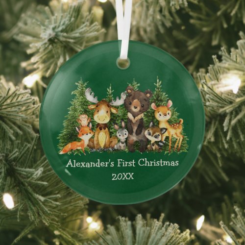 Baby First Christmas Forest Animals Green Round Glass Ornament