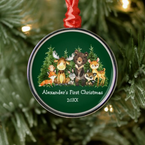 Baby First Christmas Forest Animals Green Round Metal Ornament