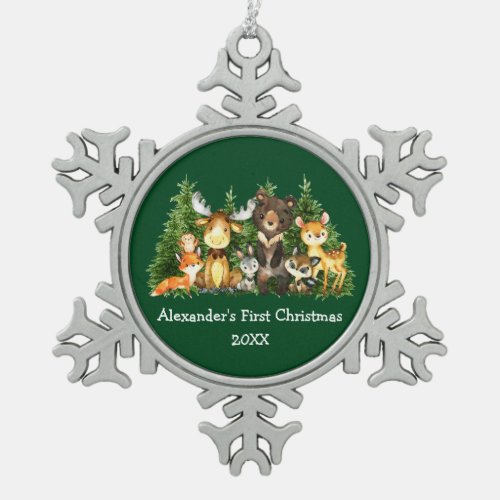 Baby First Christmas Forest Animals Green Snowflake Pewter Christmas Ornament