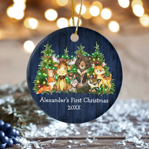 Baby First Christmas Forest Animals Lights Blue Ceramic Ornament