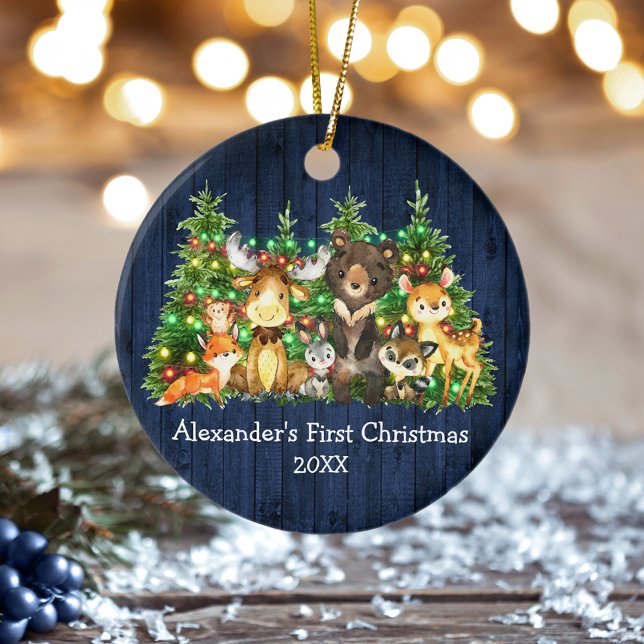 Baby First Christmas Forest Animals Lights Blue Ceramic Ornament (Customize with name and year.)
