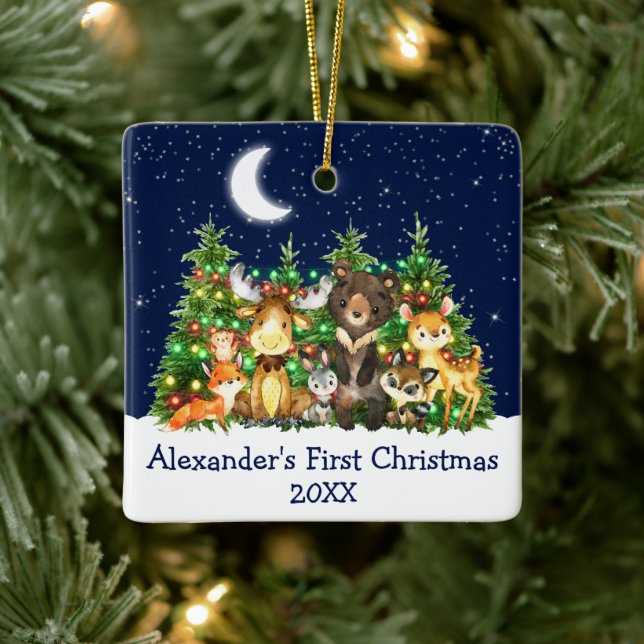 Baby First Christmas Forest Animals Lights Blue Ceramic Ornament (Tree)