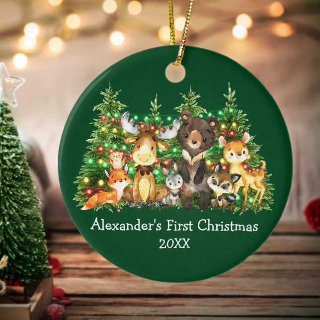 Baby First Christmas Forest Animals Lights Green Ceramic Ornament (Customize with name and year.)