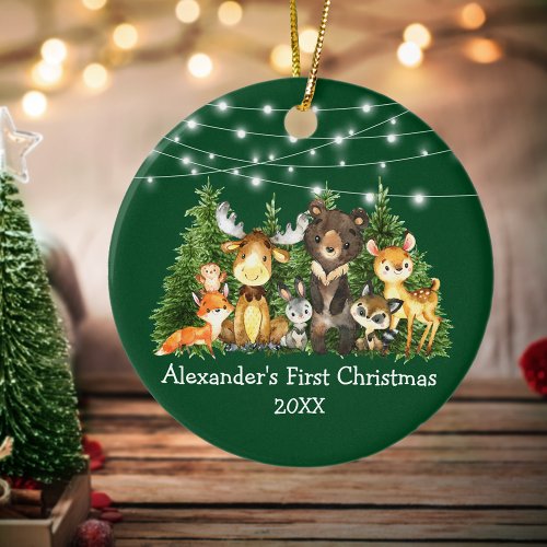 Baby First Christmas Forest Animals Lights Green Ceramic Ornament