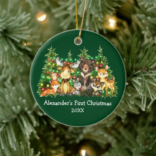 Baby First Christmas Forest Animals Lights Green Ceramic Ornament