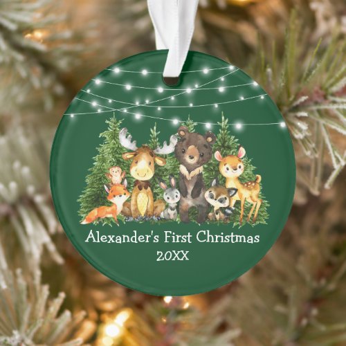 Baby First Christmas Forest Animals Lights Green Ornament