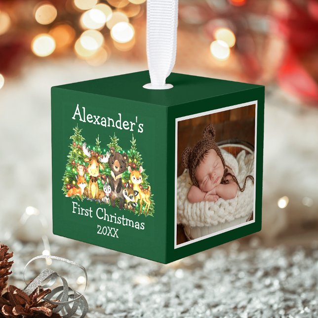 Baby First Christmas Forest Animals Lights Photo Cube Ornament (Customize with your photos, name and year.)
