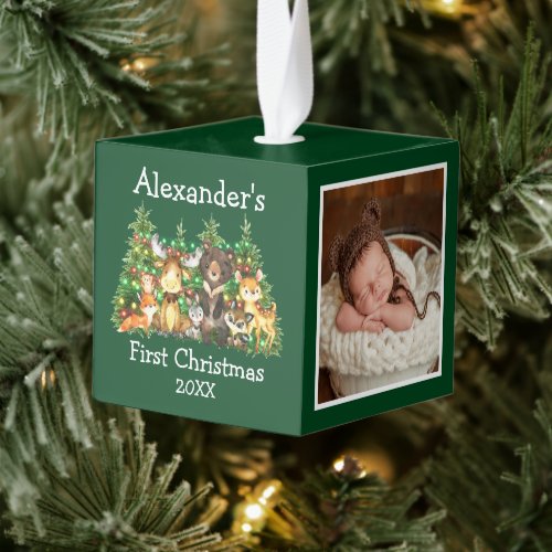 Baby First Christmas Forest Animals Lights Photo Cube Ornament
